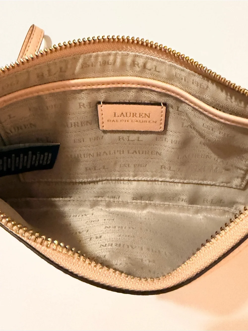 Lauren Ralph Lauren LIGHT PINK Pebbled Logo Zip Wristlet Pouch Gold Hardware